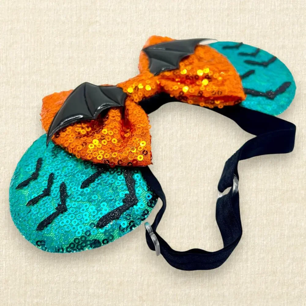 Elastic Spooky Teal Bat Minnie Ears | Disney-Inspired Halloween Mouse Ears